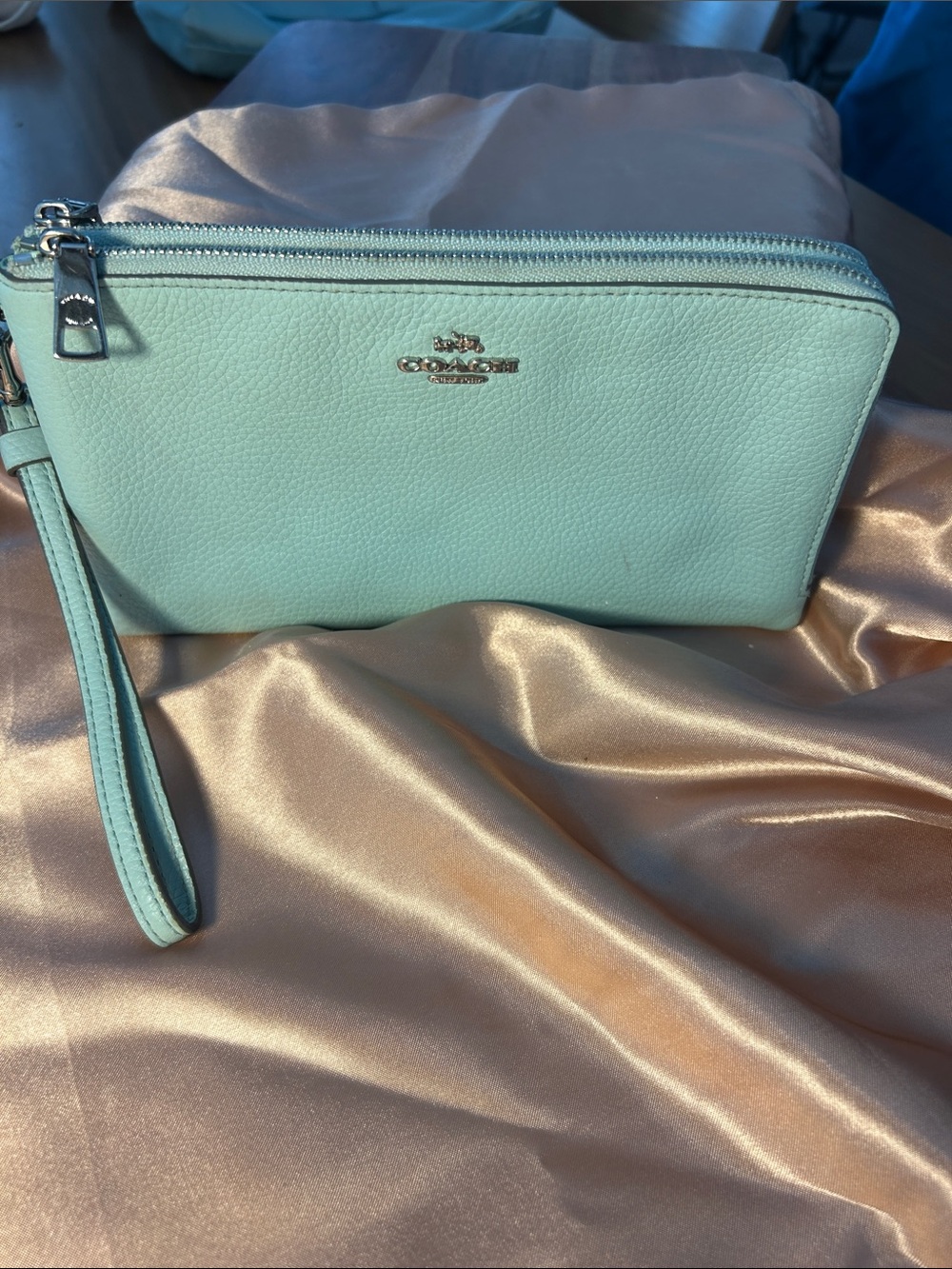 Coach Light Blue Pebble Leather Double Zip Wristlet